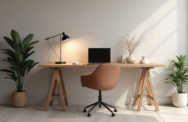 Empty modern workspace with desk, laptop, chair, and plants. Natural light streams in creating a calm, productive atmosphere. Ideal for remote work or study.