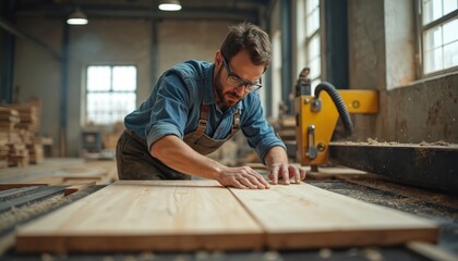 Man in workshop uses automated wood cutting machine. Carpenter adjusts lumber for precise work with yellow industrial equipment. Craftsman focused on creation.