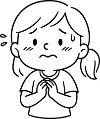 Worried cartoon girl clasps hands in anxious plea