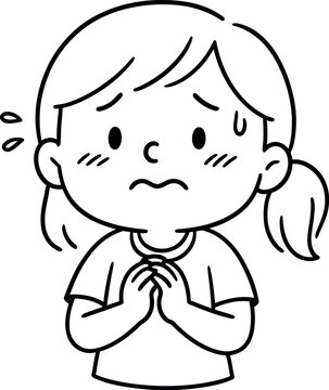 Worried cartoon girl clasps hands in anxious plea