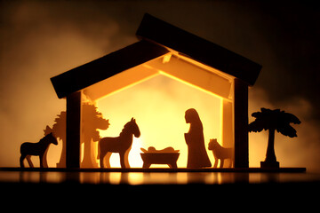 A soft glow emanating from a wooden manger in a quiet stable, with animals gently silhouetted