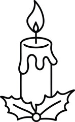 Christmas candle line art with holly leaves vector