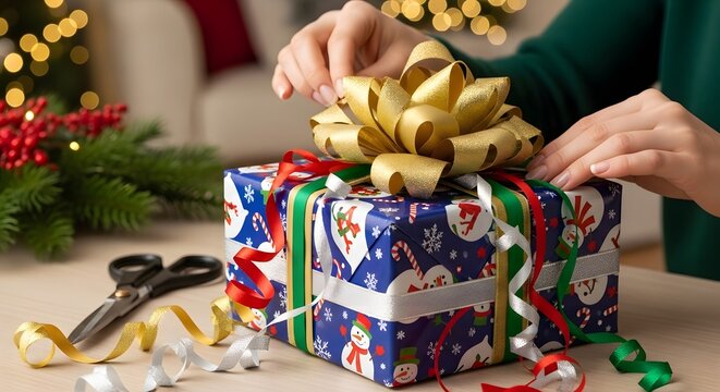 Hands tying a festive ribbon on a christmas gift box
