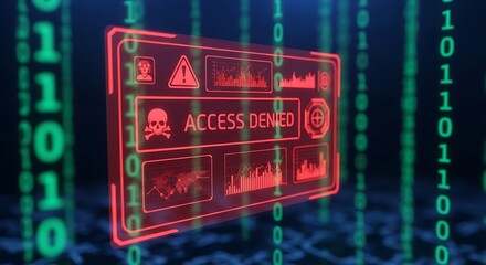 Cybersecurity threat detected access denied warning message on digital display screen