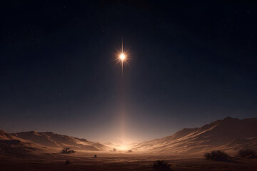 A single bright star above a desert landscape at night, light rays forming the shape of a manger below
