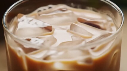 Closeup of a refreshing iced coffee with milk being poured creating a beautiful swirl of brown and white perfect for a hot summer day or a cool morning beverage. - Powered by Adobe