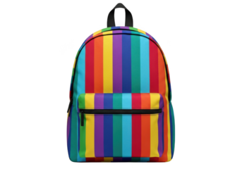 Vibrant rainbow striped backpack with front zipper pocket and top handle isolated on transparent background