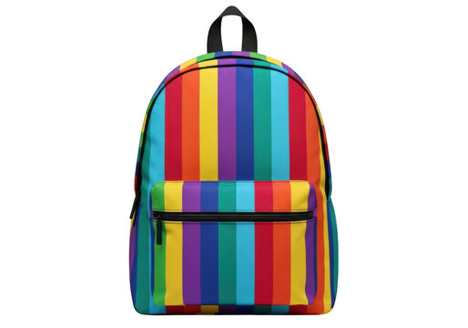 Vibrant rainbow striped backpack with front zipper pocket and top handle isolated on transparent background - Powered by Adobe