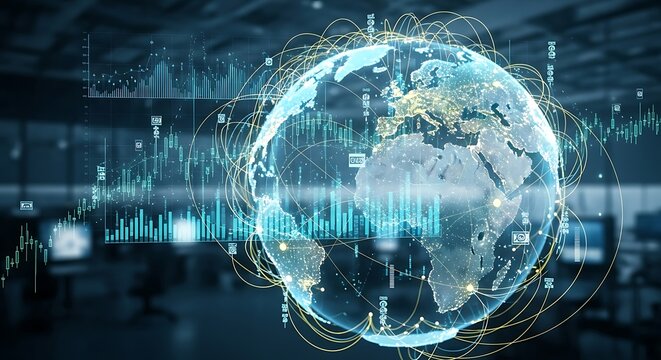 Global Financial Markets Digital Data Visualization with Earth Globe
