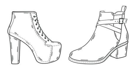 Elegant High Heel Shoe Line Art Illustration. hand drawn.