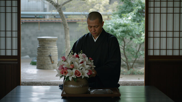 Japanese Monk Arranging Ikebana Flowers in Temple Garden