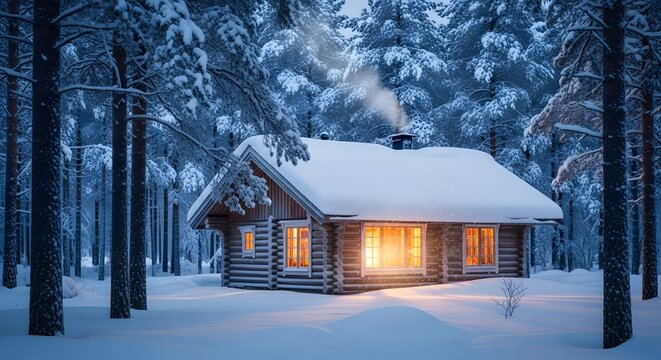 Cozy log cabin surrounded by snow covered pine forest at dusk