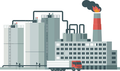 Obraz premium Industrial factory building with truck, refinery plant, oil and gas production, chemical processing industry, manufacturing facility, pollution smoke, energy infrastructure illustration