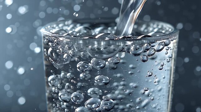 Pouring Fresh Water into Glass with Bubbles, Refreshing Beverage for Healthy Living, Effervescent Water with Sparkling Bubbles in a Clear Glass