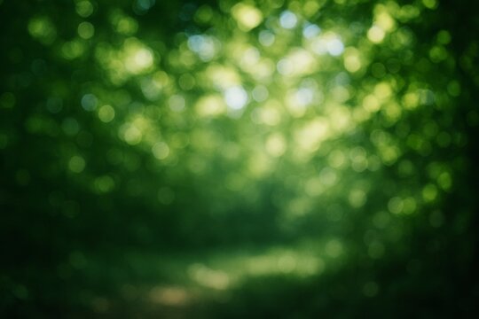 Defocused green forest bokeh background with natural sunlight spots creating dreamy atmosphere and abstract nature light concept scene. Ai generative