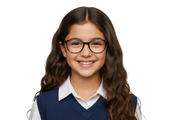 Smiling young girl wearing round eyeglasses and school uniform with dark wavy hair isolated on transparent background