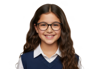 Smiling young girl wearing round eyeglasses and school uniform with dark wavy hair isolated on transparent background