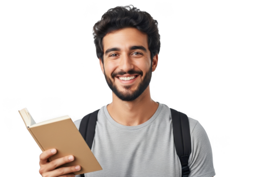 Young man with beard and backpack smiling while holding an open book isolated on transparent background