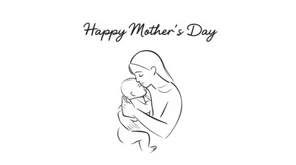 Hand drawn illustration of a mother holding her baby with happy mothers day text