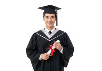 A smiling young man wearing a graduation cap and gown holding a diploma scroll with a red ribbon isolated on transparent background