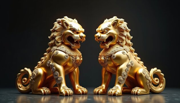 Two golden lion statues face each other. These foo dog sculptures possess fierce expressions and ornate detailing. They symbolize protection prosperity and good fortune.