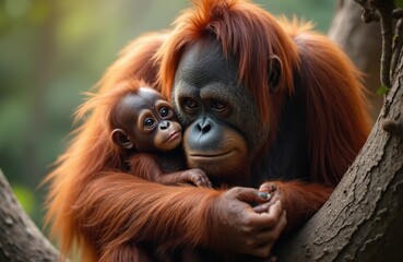 Mother orangutan holds her baby close. The primate pair rests on a tree branch, showing deep affection. Wildlife scene displays natural bond and tender care in jungle habitat.