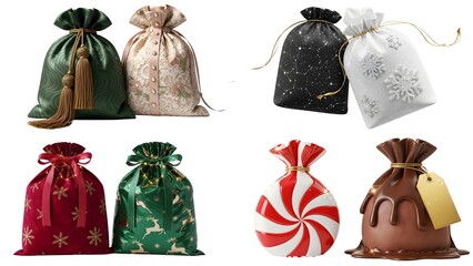Variety of Christmas Gift Bags Collection: Elegant and Playful Designs for Seasonal Wrapping  Christmas Decor Bags: Mix of Colors and Patterns for Holiday Gift-Giving 