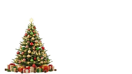 Decorated Christmas Tree with Wrapped Gifts Boxes On the floor and on the empty blank space for postcard designs 