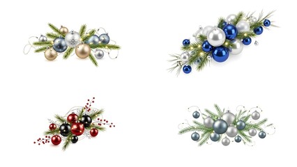 variety of colorful ornament collections  Blue, Silver, Gold, and Red Baubles collections 