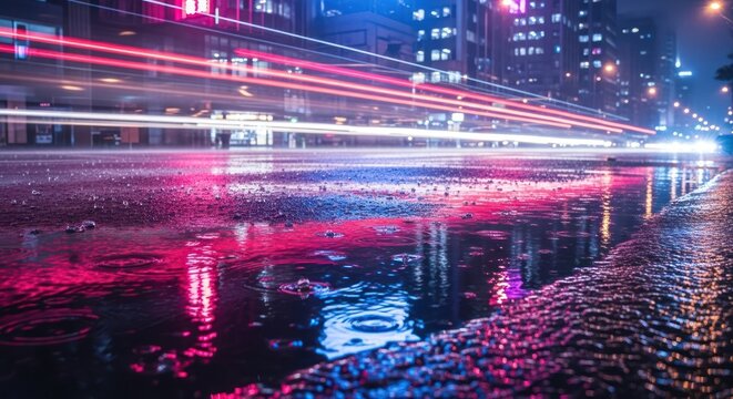 Reflections of light trail traffic and city lights on wet street in vibrant urban nightscape