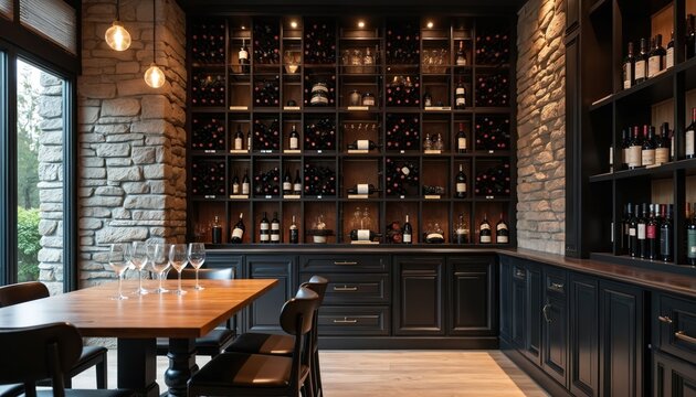 Luxury wine cellar with extensive bottle racks and stone accents. A wooden table and glasses suggest a tasting experience. Modern home interior designed for beverage storage and display.