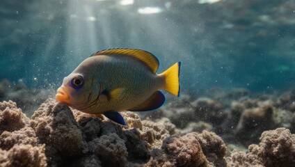 Vibrant angelfish swimming near coral reef in clear ocean water.