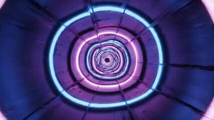 Hypnotic neon tunnel with glowing circular rings in purple and blue light, abstract background with a sense of movement and infinity