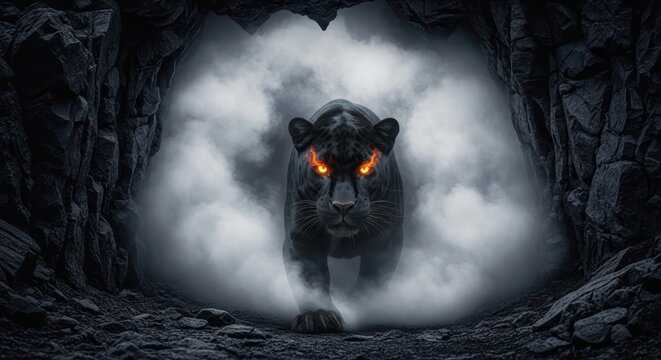 Majestic black panther emerging from a mysterious smoky cave with glowing eyes