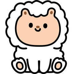Cute cartoon sheep with fluffy white wool and light brown face and ears sitting happily on a transparent background creating a simple and adorable illustration for children