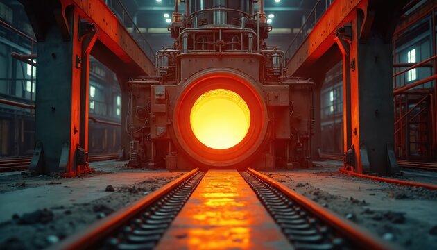 Industrial furnace interior glows with intense heat, metal rails lead into its fiery chamber. Heavy machinery and structures surround, indicating manufacturing and processing operations.