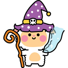 Cute Cartoon Sheep Wizard Holding a Staff and Magic Scroll With a Purple Polka Dot Hat and Skull Emblem Against a White Background