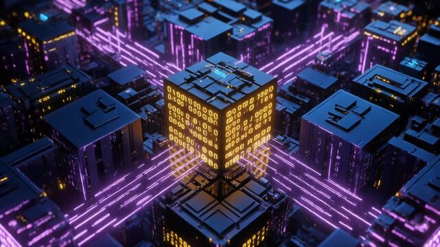 A central glowing data cube processes information in a futuristic smart city with purple light streams.