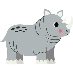Cute cartoon rhinoceros with gray skin and pink cheeks standing on white hooves with a black spotted pattern on its back and a transparent background suitable for children's illustrations and