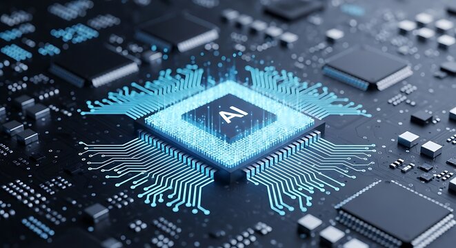 Illuminated AI chip with glowing connections on a circuit board signifying advanced technology and artificial intelligence