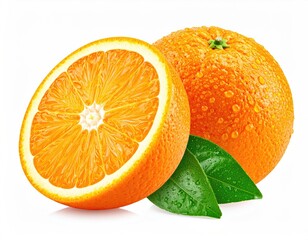 Sliced & whole oranges, leaves, water droplets
