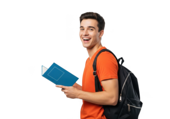 A young man with a backpack and a blue book smiles joyfully while looking to his side isolated on transparent background