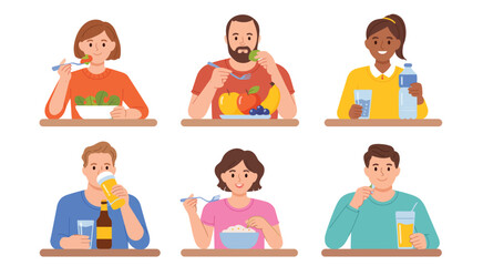 Healthy lifestyle and unhealthy eating habits vector concept featuring diverse people, balanced meals, snacks, fruits, vegetables, and beverages for wellness illustration projects.