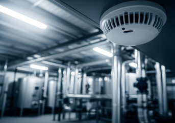 Closeup of a smoke detector in a factory setting, highlighting fire safety measures and industrial security protocols for workplace protection and emergency preparedness