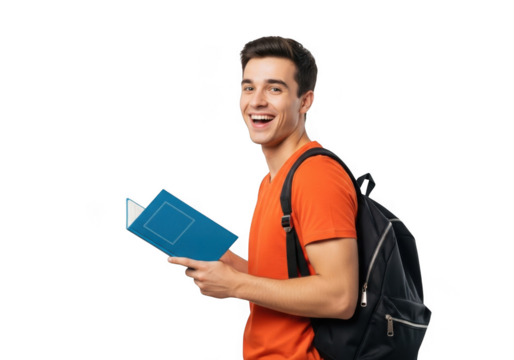 A young man with a backpack and a blue book smiles joyfully while looking to his side isolated on transparent background