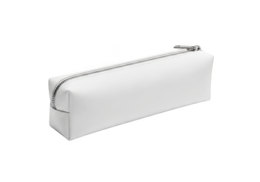 A simple white rectangular zippered pencil case pouch with a silver zipper isolated on transparent background