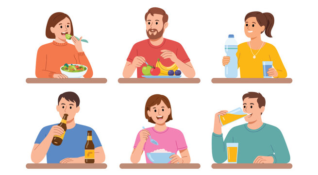 Healthy lifestyle versus unhealthy eating habits vector set featuring people with fruits, salads, drinks, and junk food for wellness and nutrition illustrations.