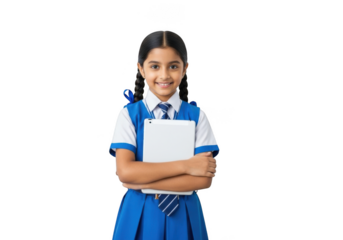 Young indian schoolgirl wearing a blue and white uniform with a tie holding a book with her arms crossed smiling confidently isolated on transparent background