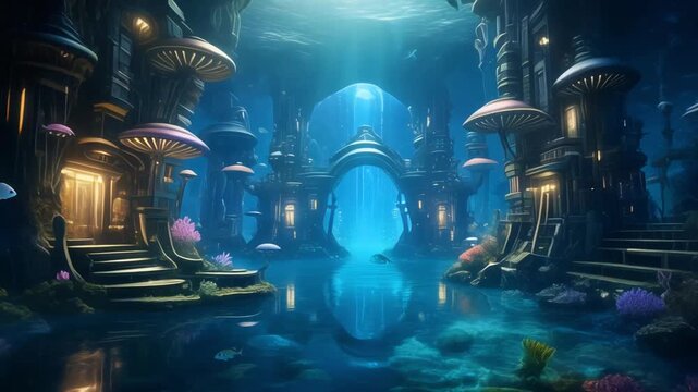 Underwater fantasy city ancient ruins glowing architecture bioluminescent coral reef aquatic life