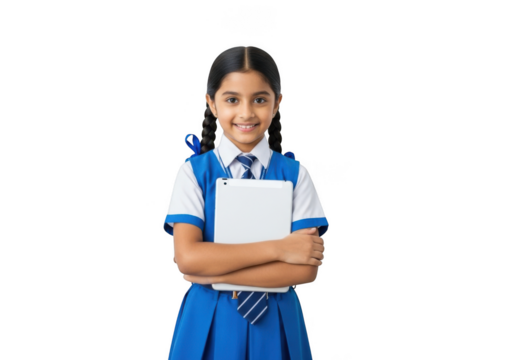 Young indian schoolgirl wearing a blue and white uniform with a tie holding a book with her arms crossed smiling confidently isolated on transparent background